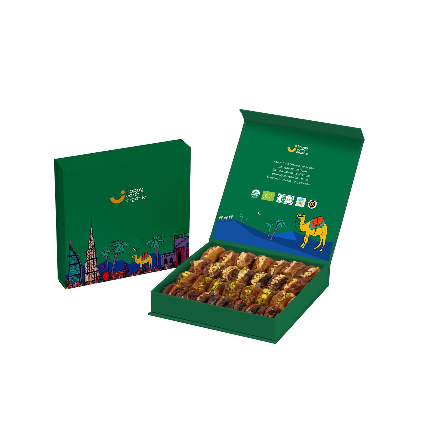 An organic filled dates in a green box, showcasing delicious treats in an open box beside a closed one.