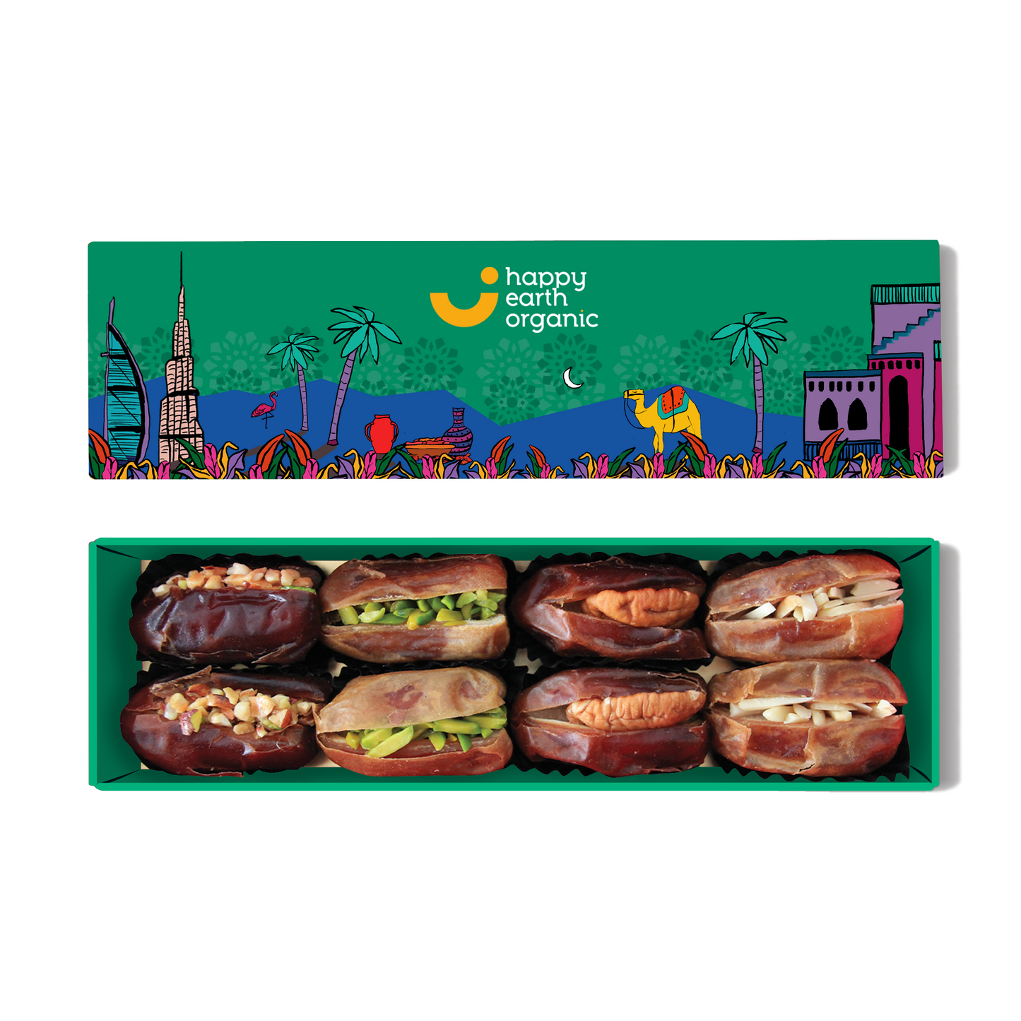 A green box showcasing organic filled dates.