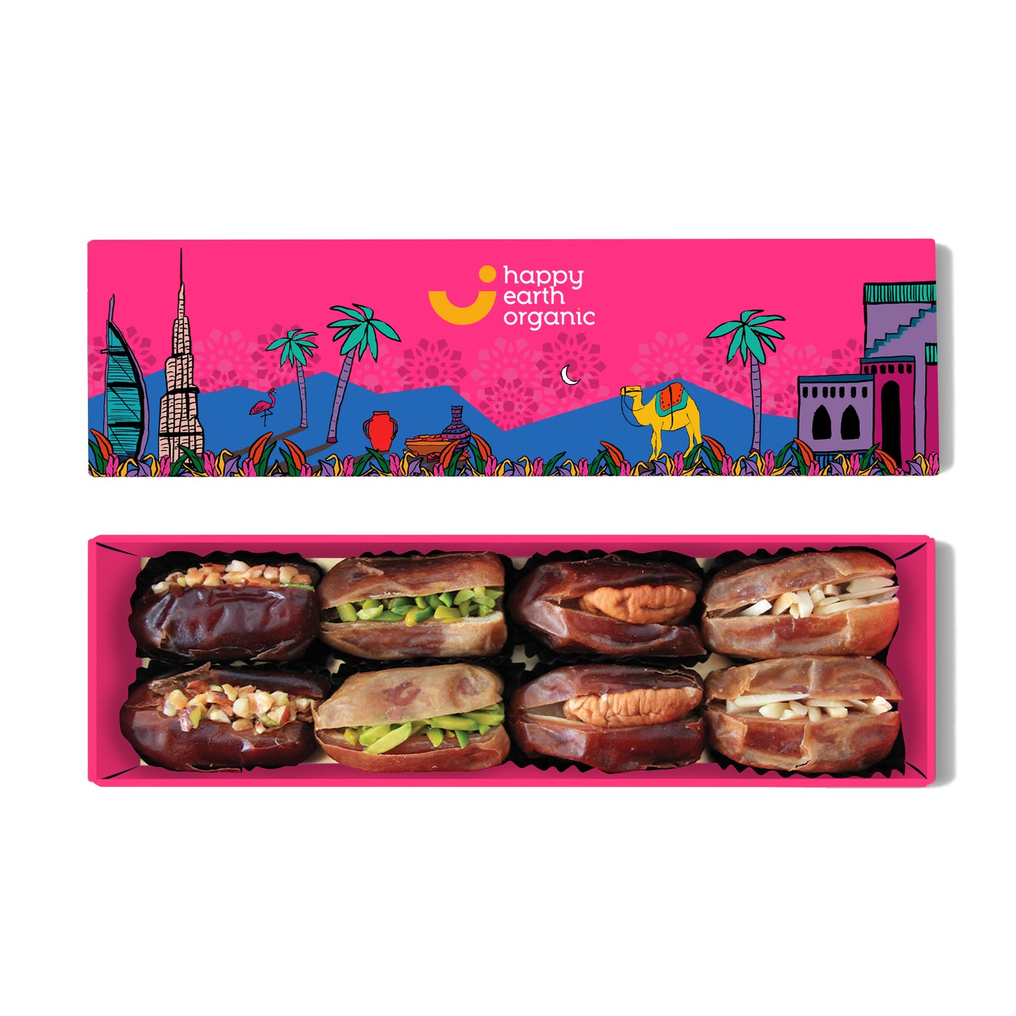 A pink box showcasing organic filled dates.