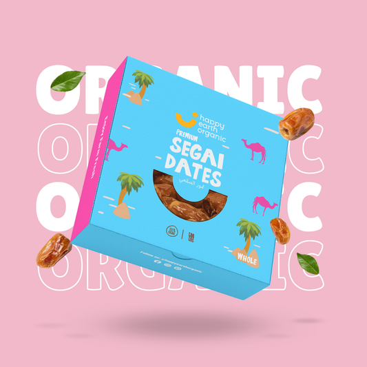 Box of organic segai dates displayed in a vibrant Happy Earth Organic packaging design.