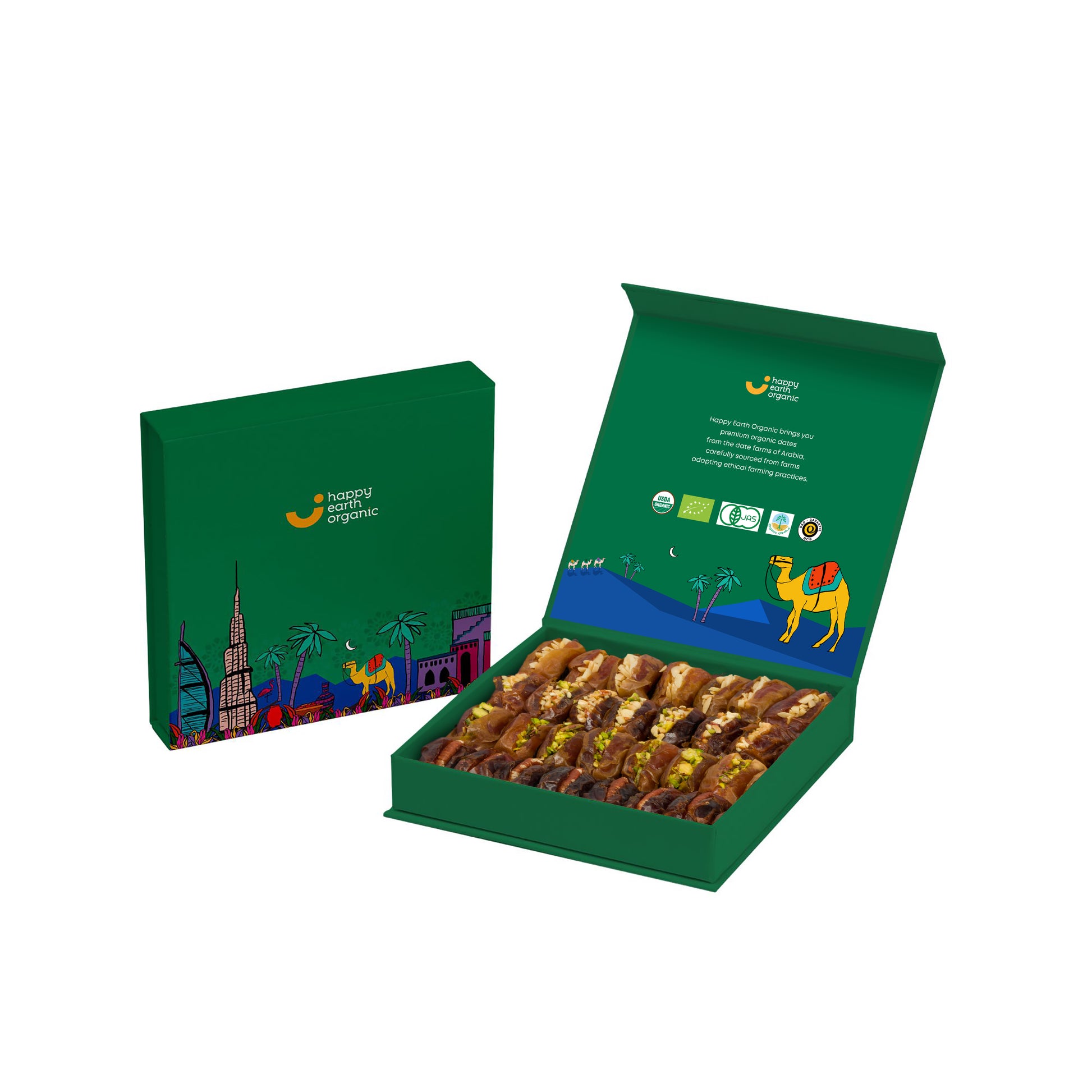 An organic filled dates in a green box, showcasing delicious treats in an open box beside a closed one.