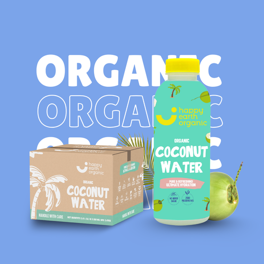 Happy Earth Organic coconut water bottle and box on a blue background
