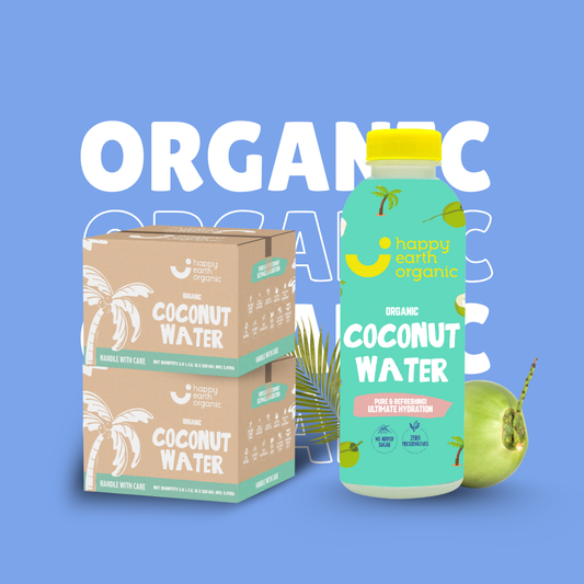 Happy Earth Organic coconut water bottle and cartons on a blue background