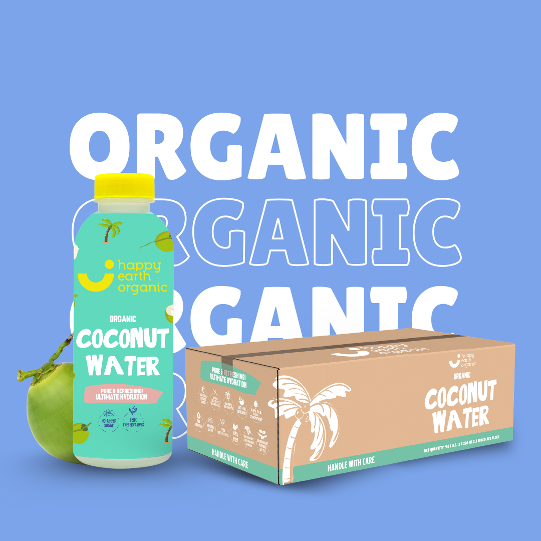 Coconut water bottle and box with 'Happy Earth Organic' branding on a blue background