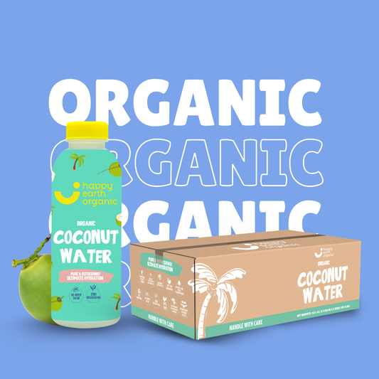 Coconut water bottle and box with 'Happy Earth Organic' branding on a blue background