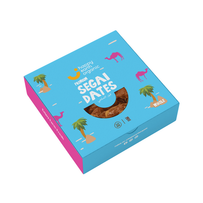 Box of Organic Segai Dates displayed in a vibrant Happy Earth Organic packaging design.