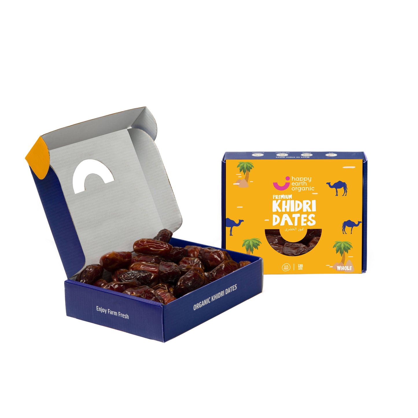 Open box of Organic Khidri dates in Happy Earth Organic box.