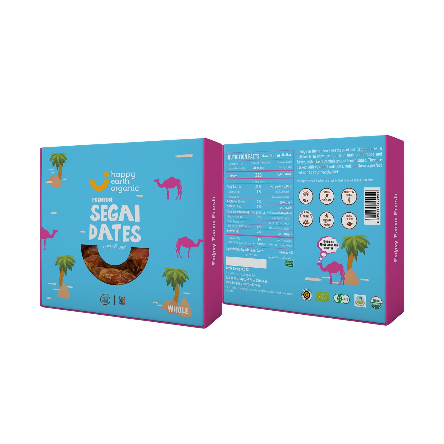 Box of organic segai dates with the nutritional value and product info.