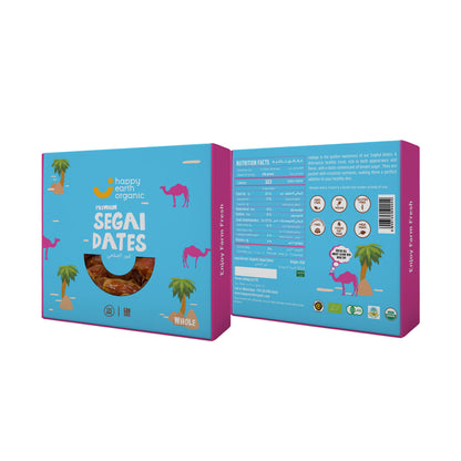 Box of organic segai dates with the nutritional value and product info.