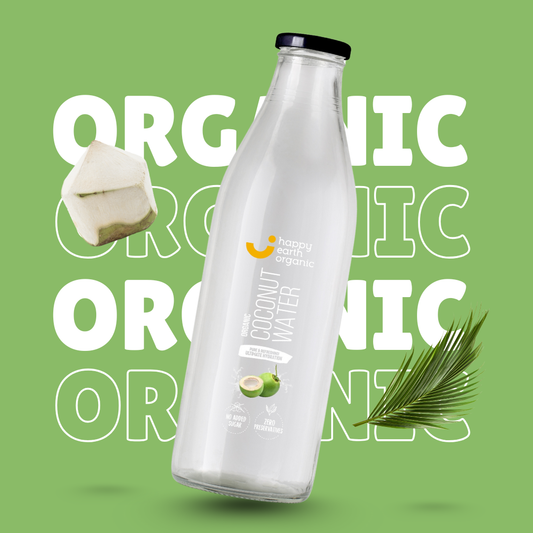 Bottle of coconut water with a green background and 'organic' text