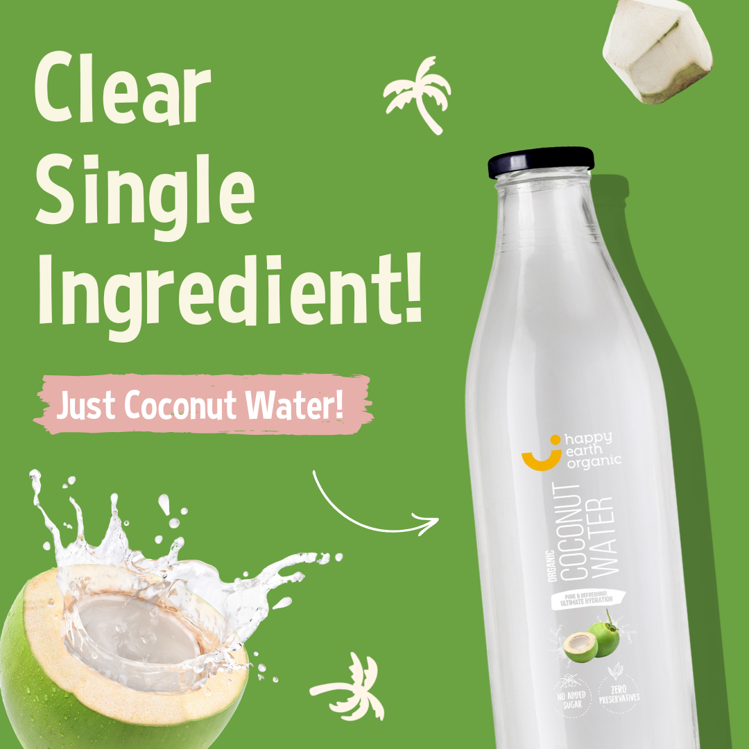 Happy Earth Organic coconut water bottle on a green background with text and coconut graphics.
