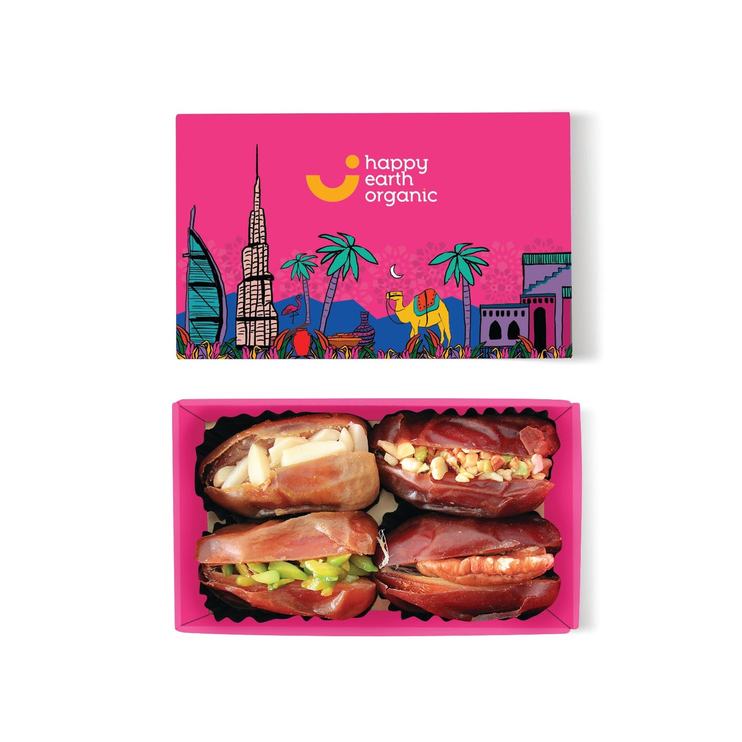 Organic filled dates in pink mini box.