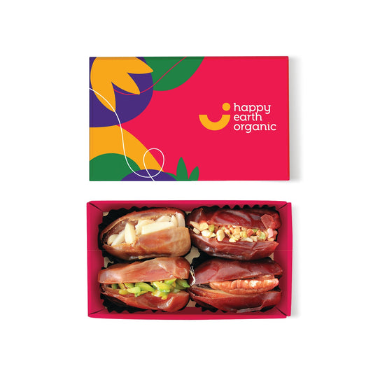 Organic filled dates in red mini box.