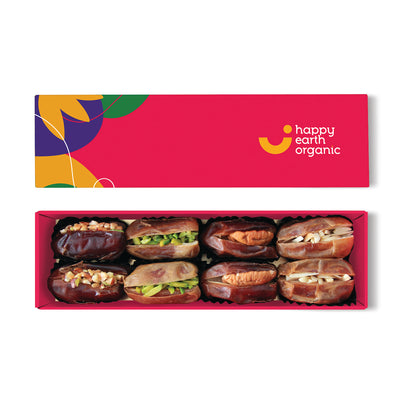 A pink box showcasing organic filled dates.
